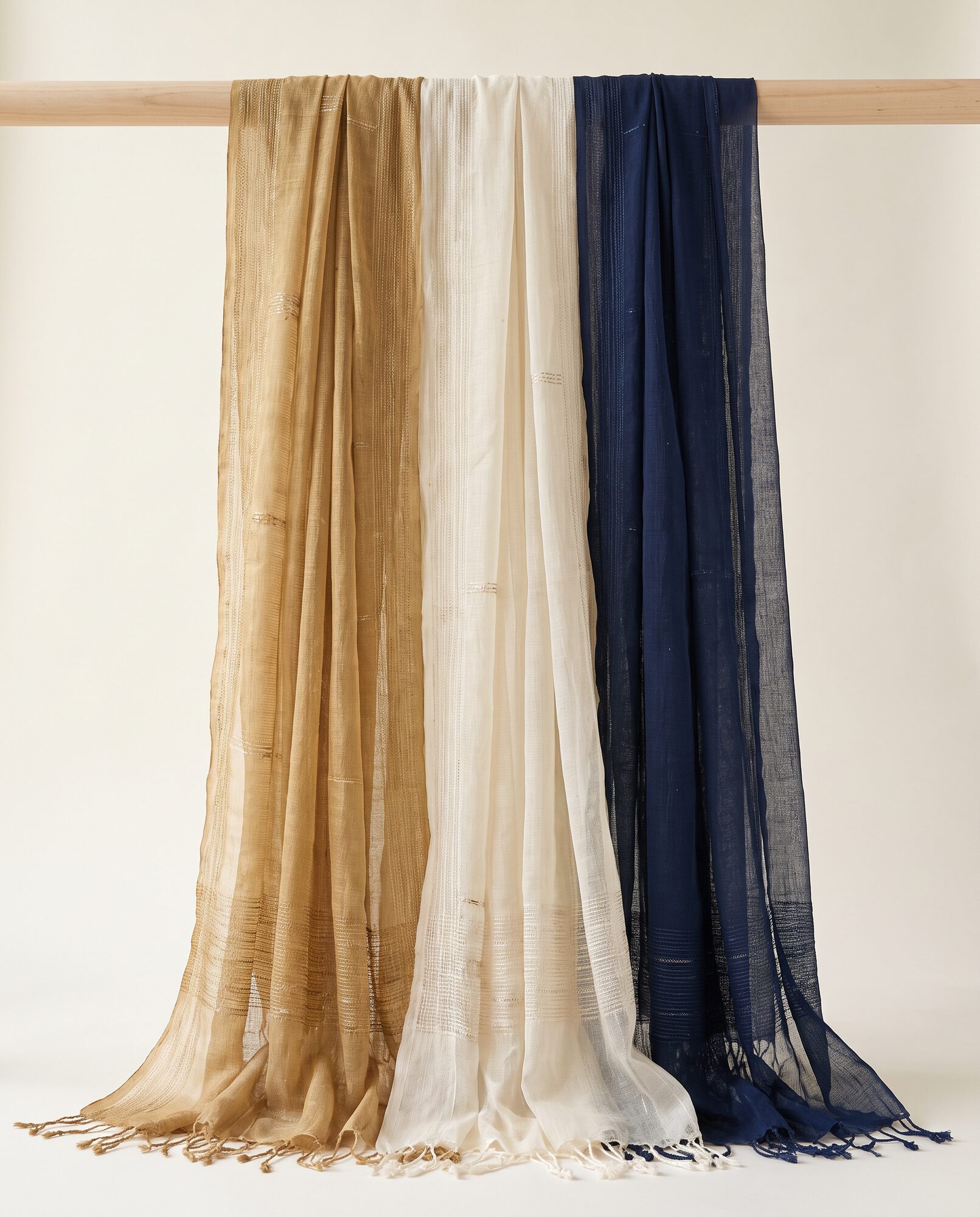 Dupattas Silk and chiffon dupattas draped over a wooden rail in gold, ivory and navy