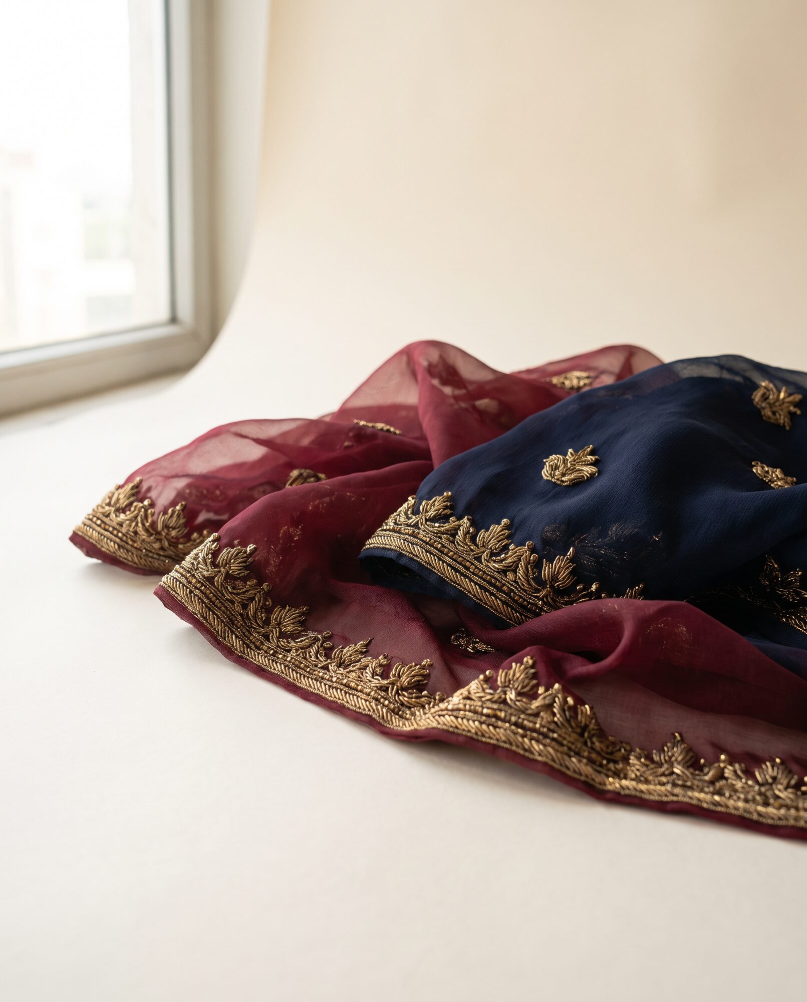 Luxury Maroon organza and midnight chiffon with antique gold zardozi hand embroidery