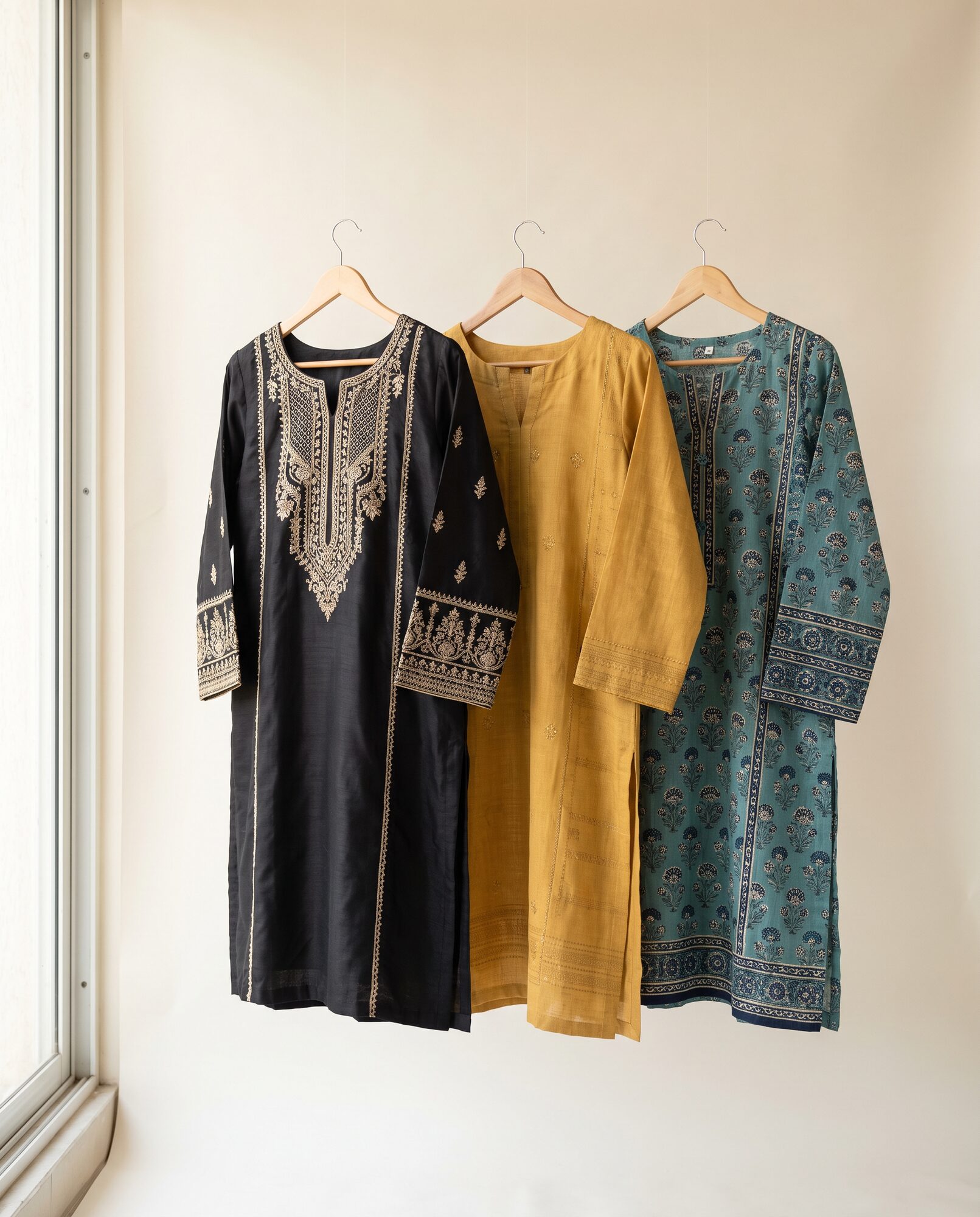 Pret Three stitched womens kurtas on wooden hangers in black, mustard and teal