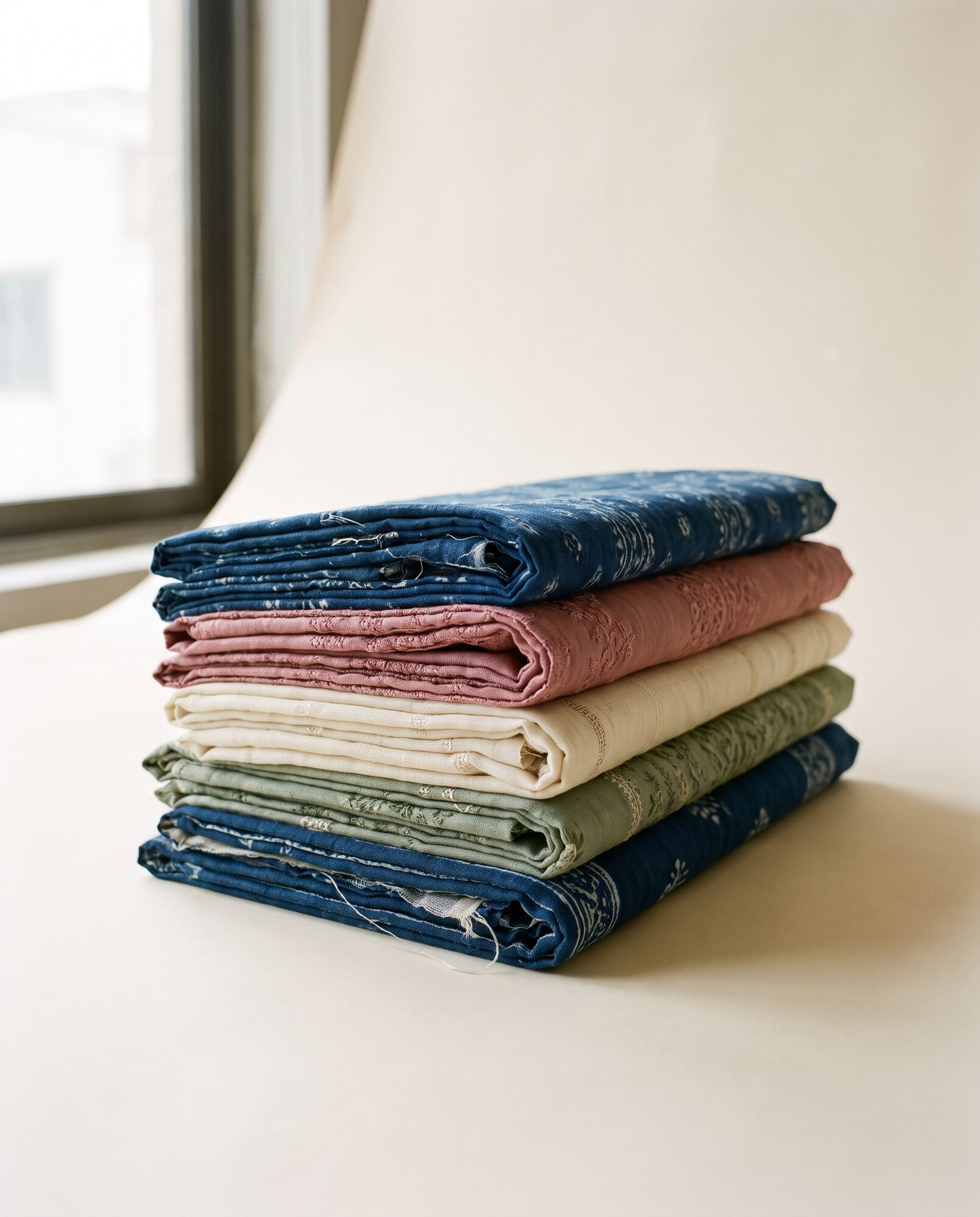 Unstitched Stack of folded unstitched lawn suit fabric in indigo, rose, ivory and sage
