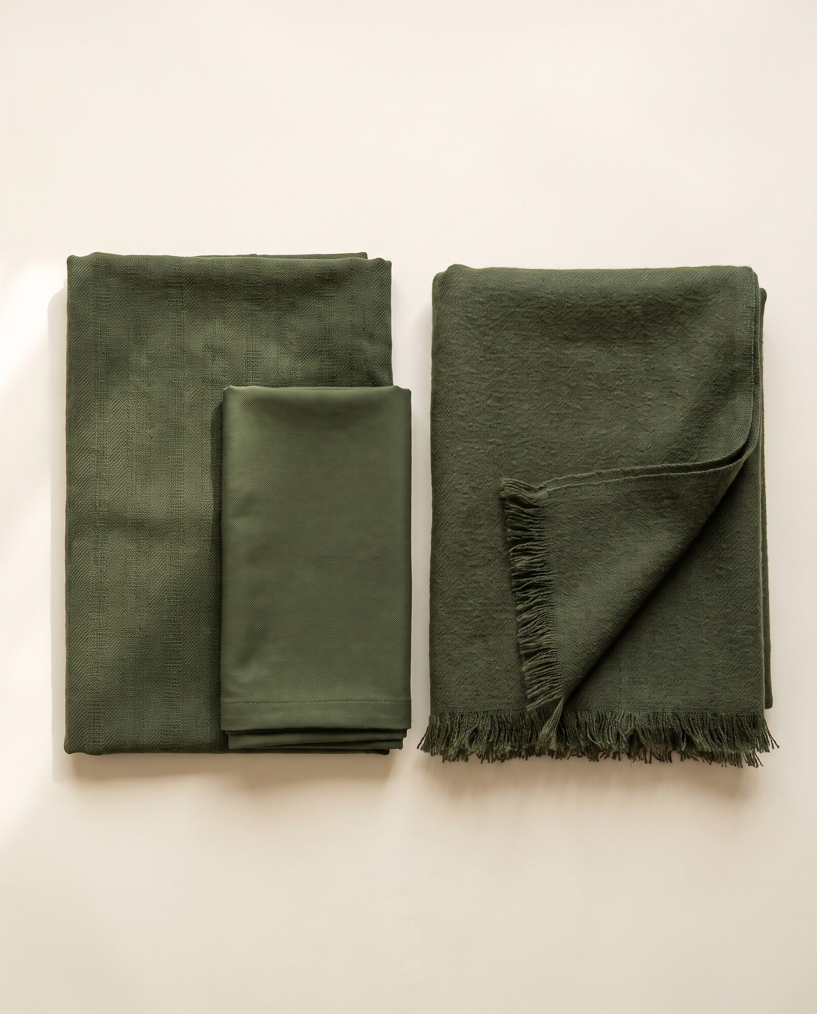 Khaddar 3-Piece Suit in moss — unstitched shirt, trouser and fringed shawl